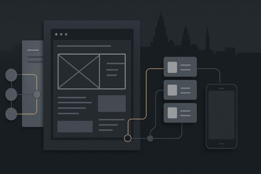 Abstract website planning sheets with integration pathways and Liverpool skyline