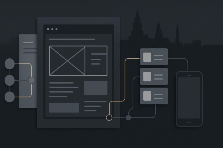 Abstract website planning sheets with integration pathways and Liverpool skyline