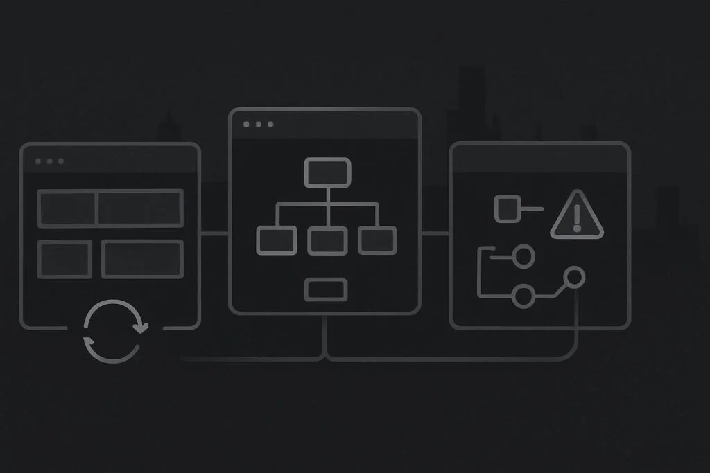 Three abstract website service states showing maintenance, support and repair