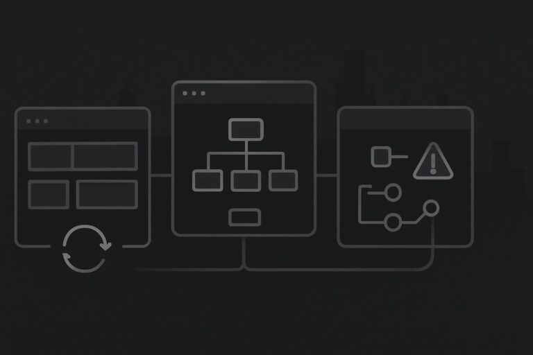 Three abstract website service states showing maintenance, support and repair