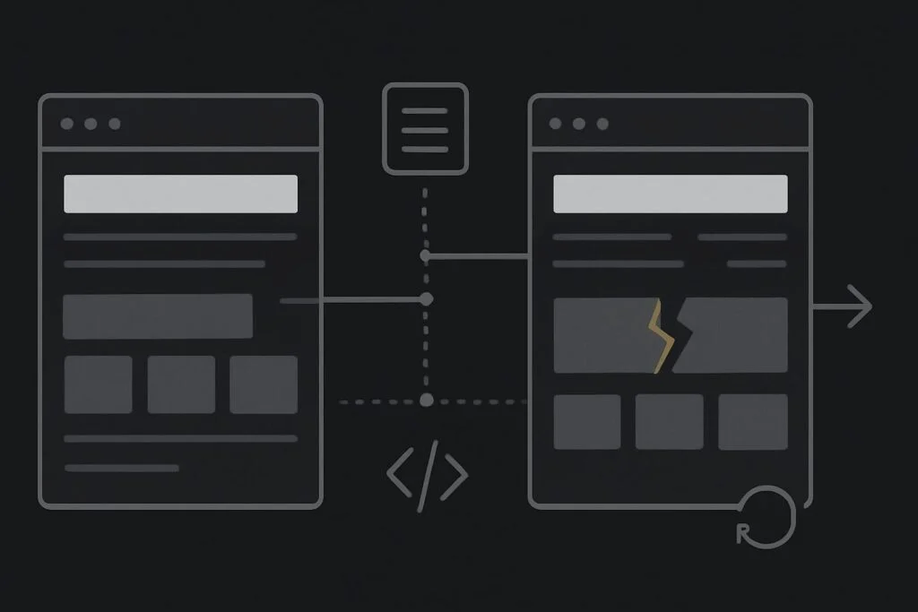 Abstract comparison of working and broken WordPress page layouts