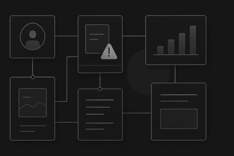 Abstract project evidence cards connected in a dark structured layout