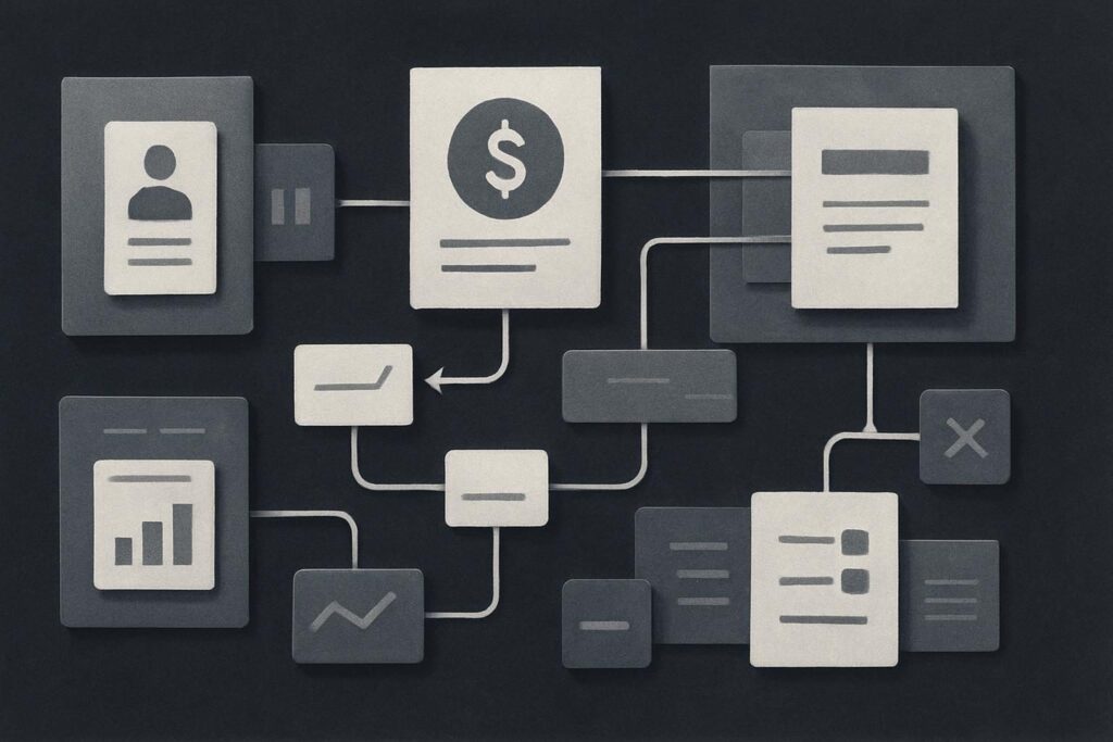 Abstract workflow cards linking sales, finance and delivery teams