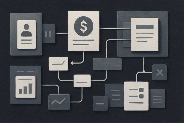 Abstract workflow cards linking sales, finance and delivery teams