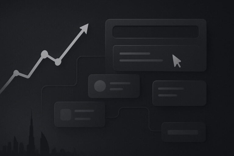 Abstract rising search graph beside disconnected Dubai service page panels