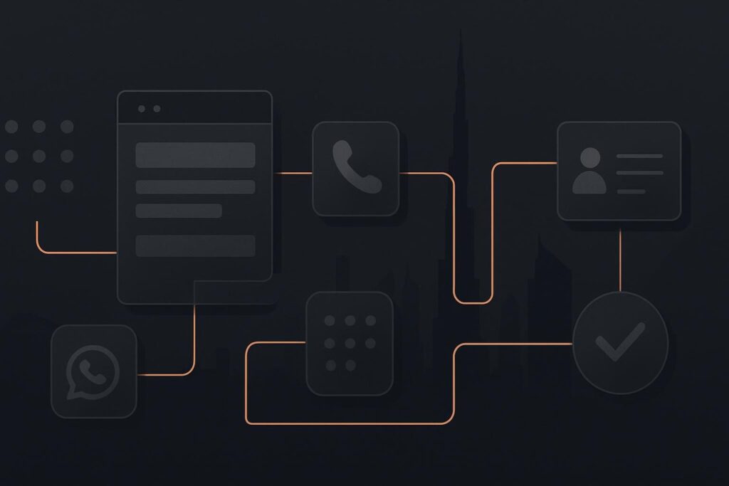Abstract enquiry tracking pathway with Dubai skyline and audit checks