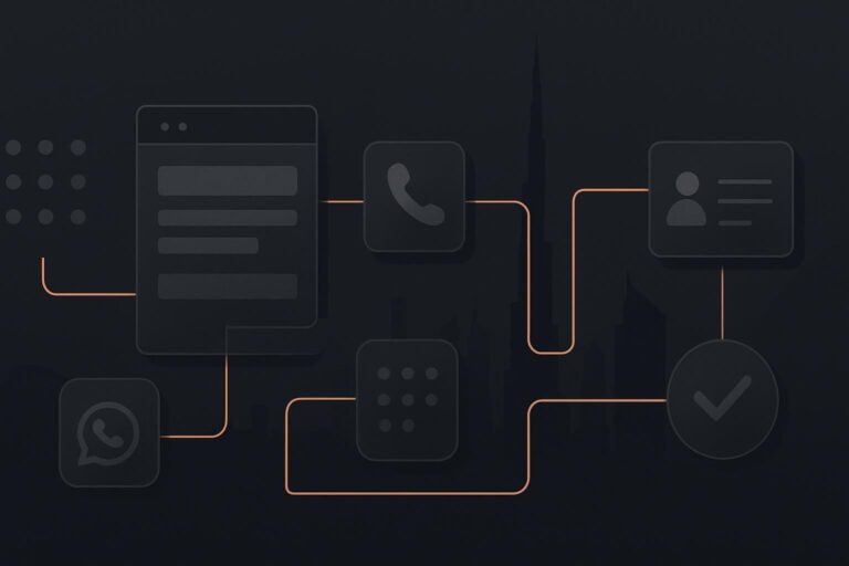 Abstract enquiry tracking pathway with Dubai skyline and audit checks
