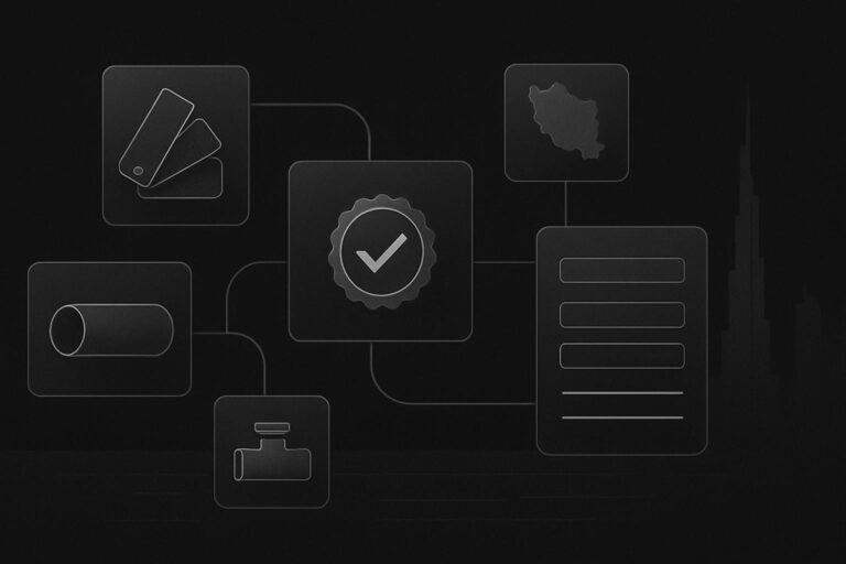 Abstract industrial procurement pathway with product and specification cards