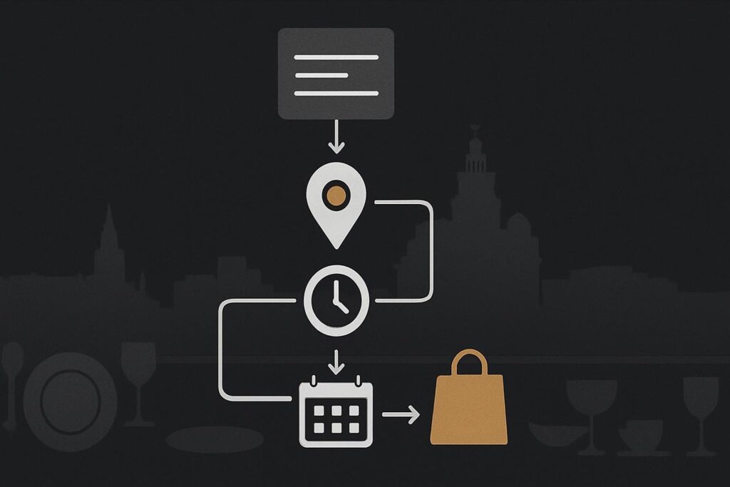 Abstract mobile restaurant journey with Liverpool skyline and booking icons