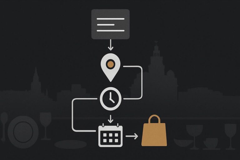 Abstract mobile restaurant journey with Liverpool skyline and booking icons