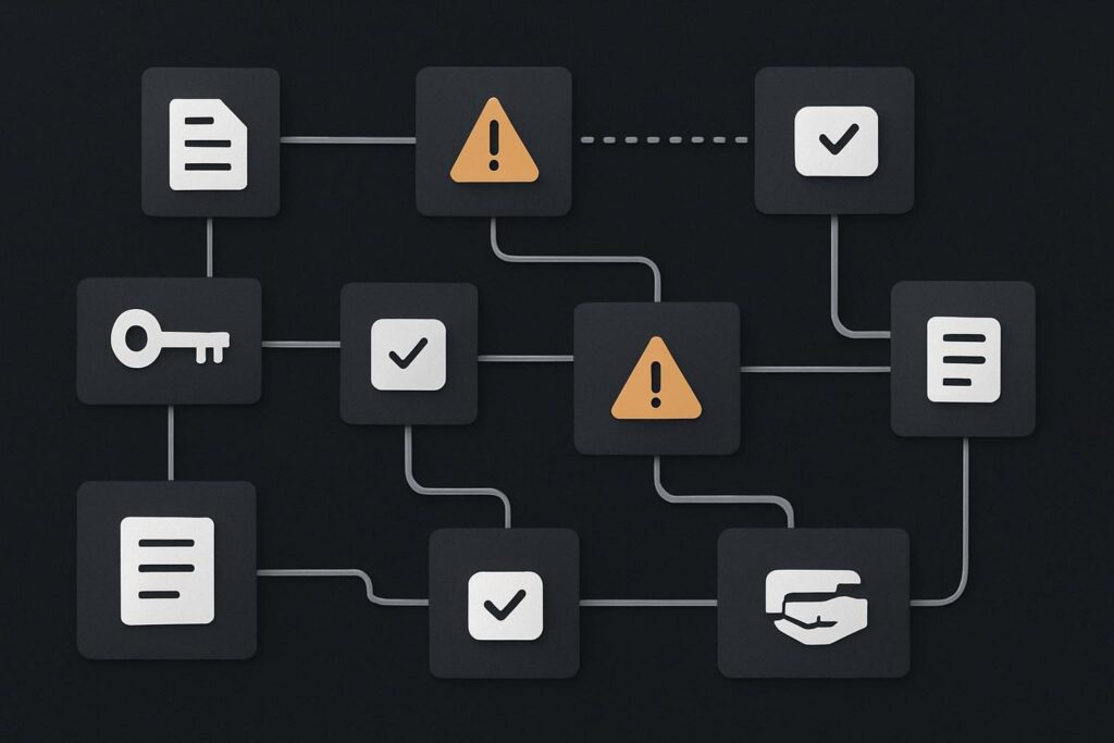 Abstract automation workflow board with exception routes and ownership markers