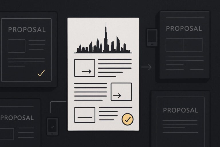Abstract website briefing sheet with Dubai skyline and proposal folders