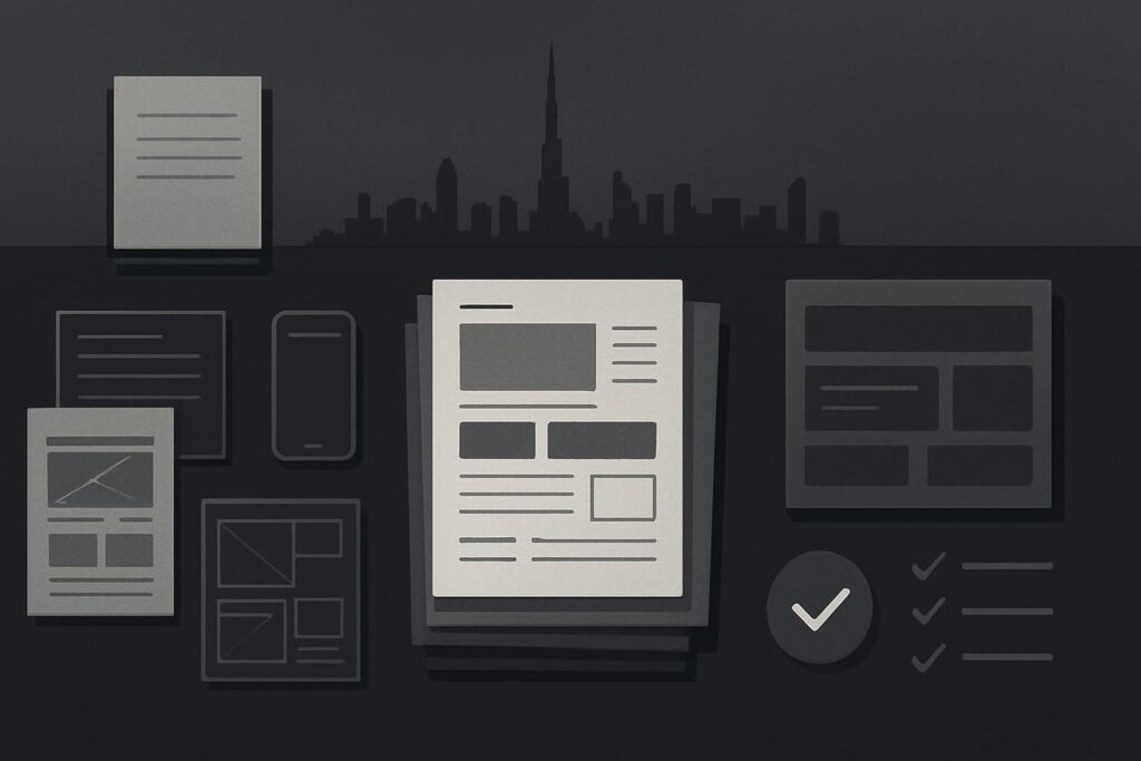 Abstract project scope documents beside Dubai skyline silhouette