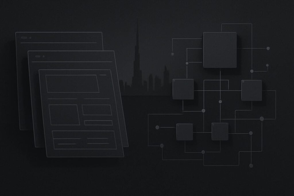 Abstract planning desk showing website design and technical system components