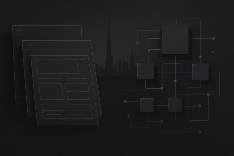 Abstract planning desk showing website design and technical system components