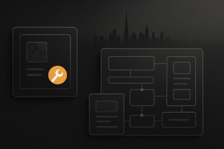 Abstract repair and redesign plans beside Dubai skyline