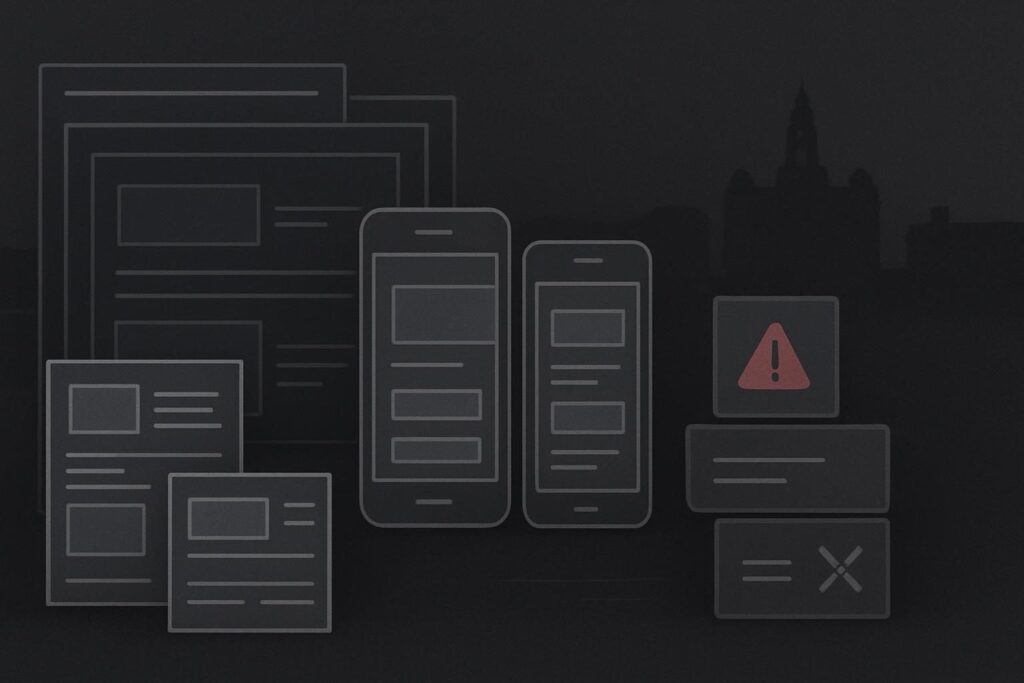 Abstract website refresh planning cards against Liverpool skyline