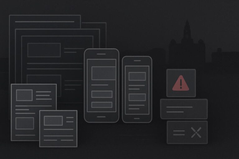Abstract website refresh planning cards against Liverpool skyline
