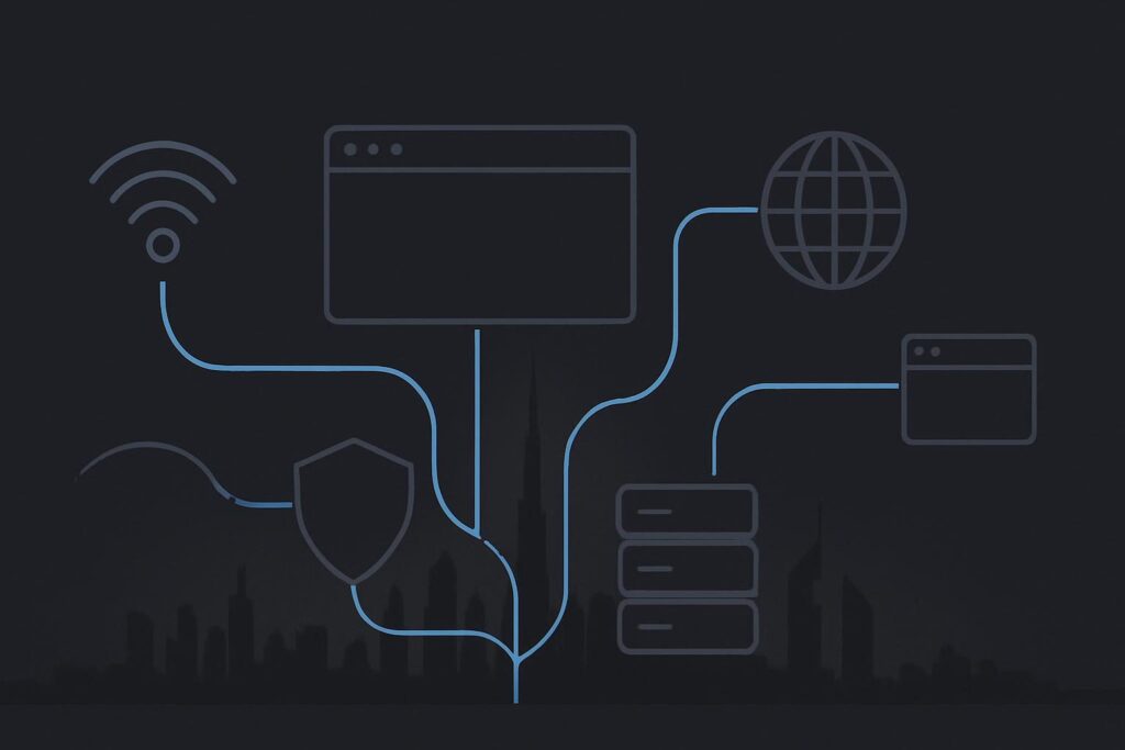 Abstract Dubai network routes showing different website connection paths