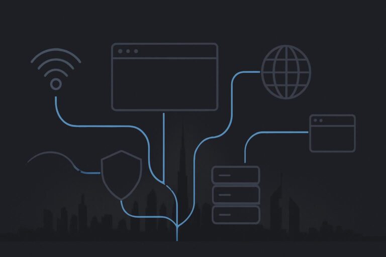 Abstract Dubai network routes showing different website connection paths