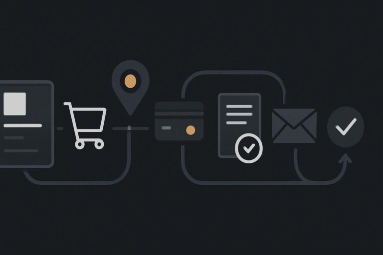 Abstract checkout route showing payment, stock, email and confirmation checks