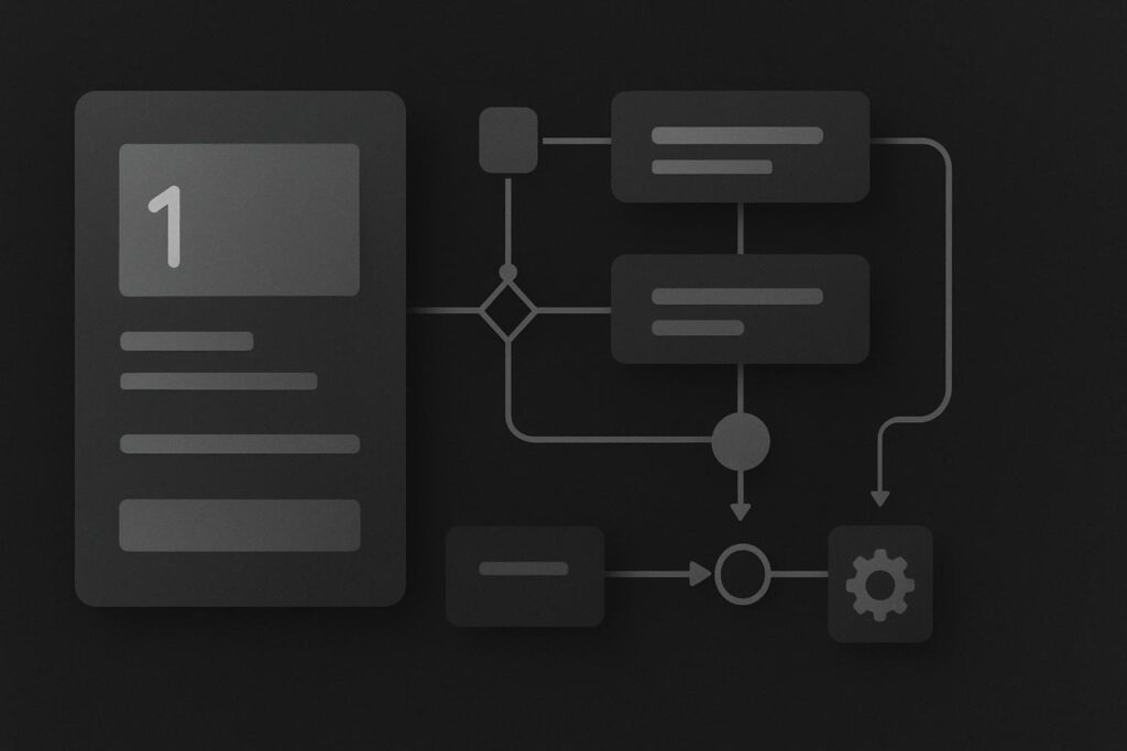 Abstract invoice card beside unfinished ecommerce order event flow