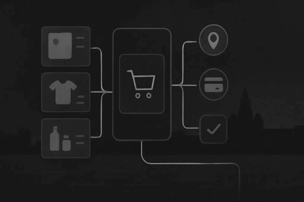 Abstract ecommerce buying journey map with mobile checkout stages