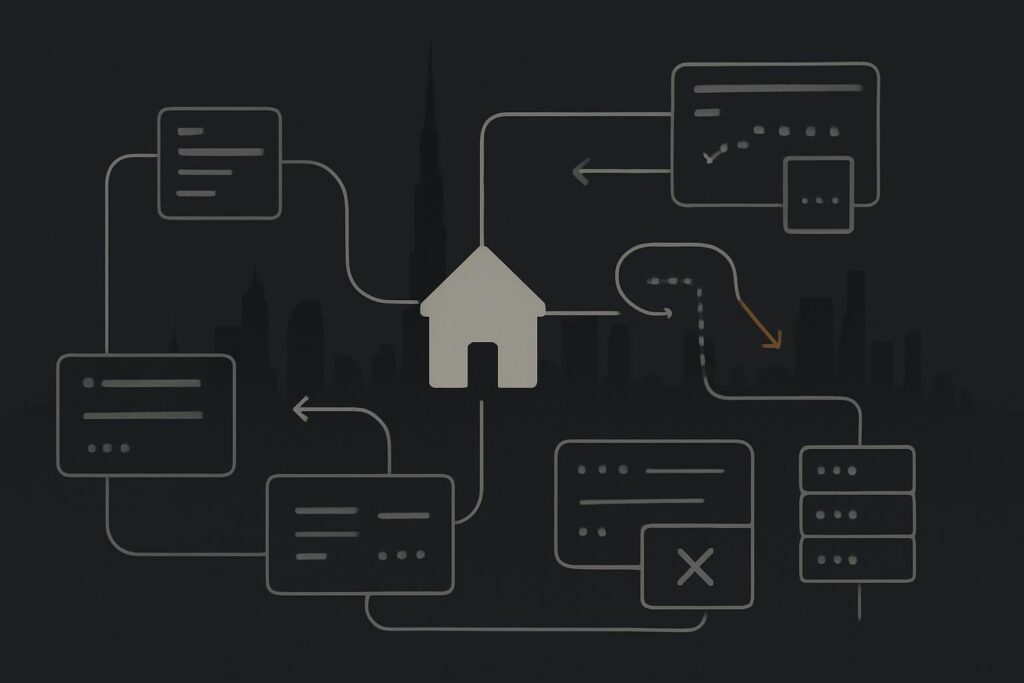 Abstract routing map with Dubai skyline and broken website paths