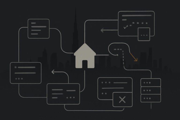 Abstract routing map with Dubai skyline and broken website paths