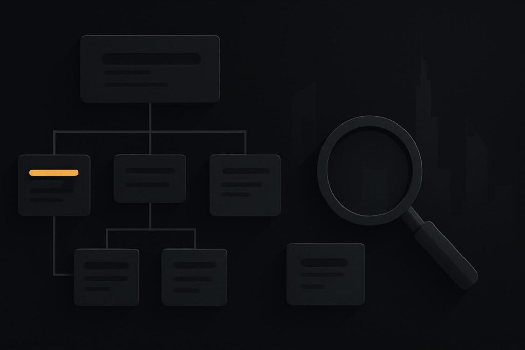 Abstract connected content cards with one isolated indexed-page candidate
