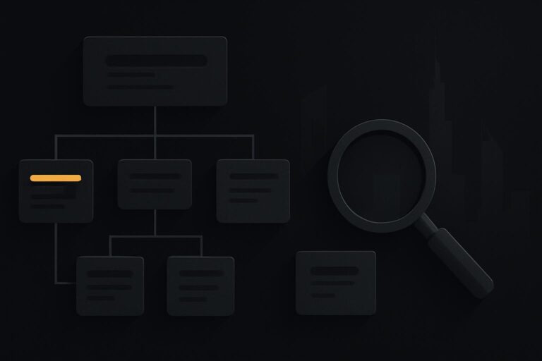 Abstract connected content cards with one isolated indexed-page candidate