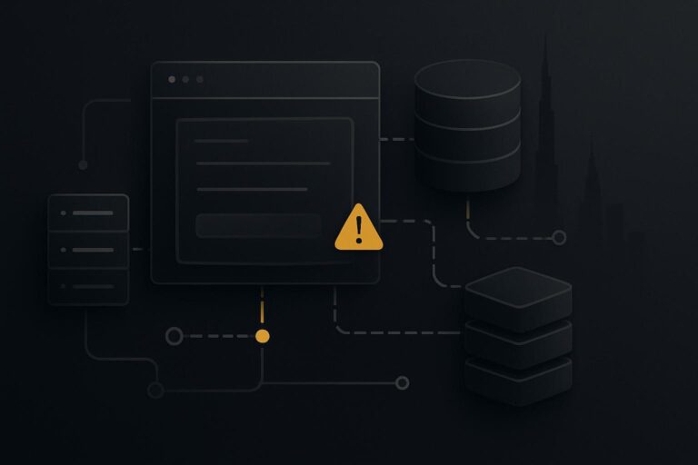 Abstract website and database dependency map over Dubai skyline