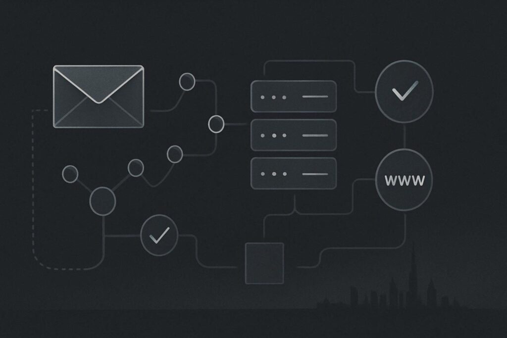 Abstract DNS and email cutover checklist with server routes