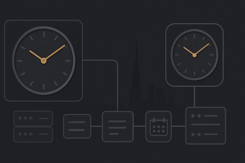 Two abstract clocks connected to automation nodes above Dubai skyline