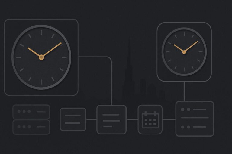 Two abstract clocks connected to automation nodes above Dubai skyline