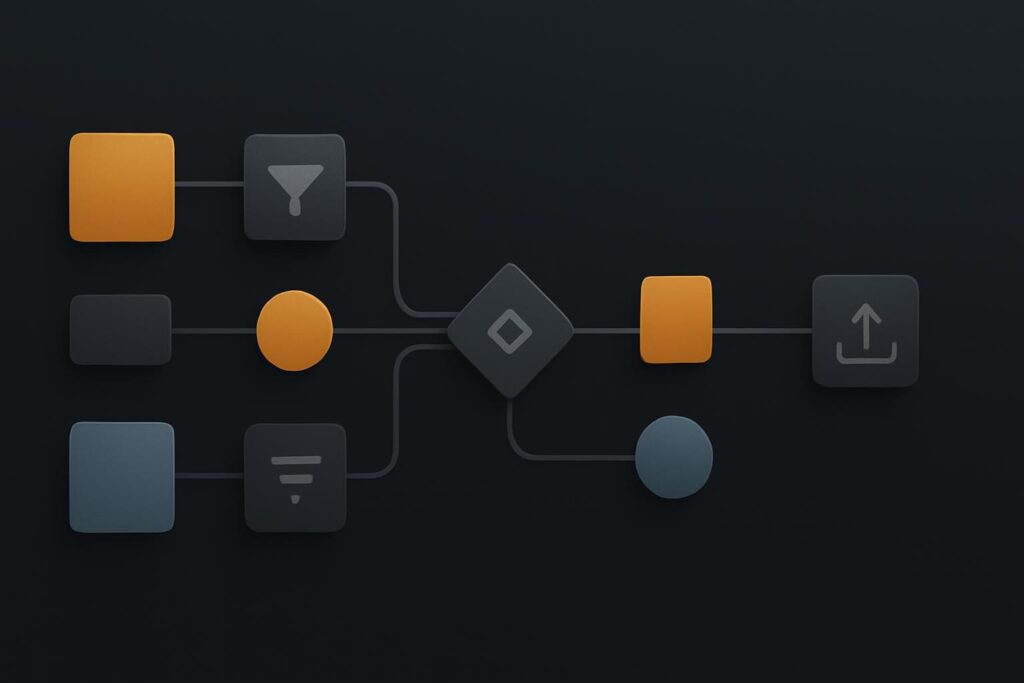 Abstract workflow nodes showing two customer records crossing after a reorder
