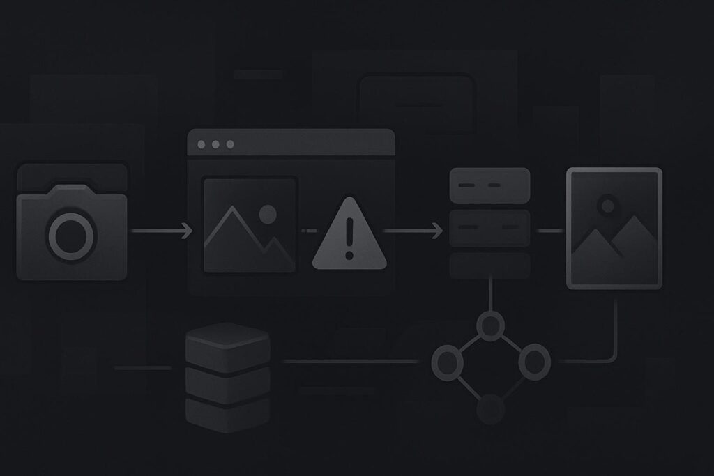 Abstract image upload pathway showing an interrupted server processing stage